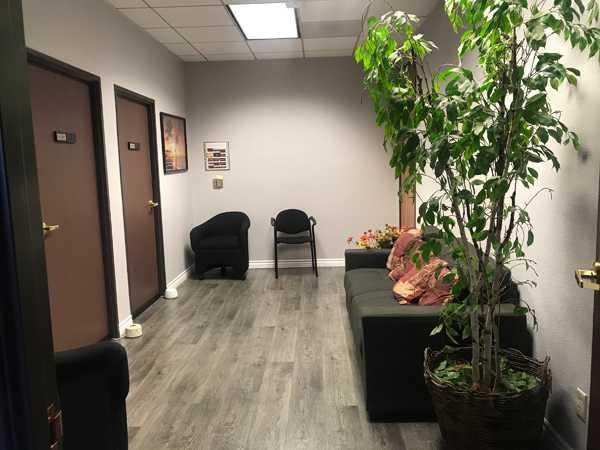 photo Woodland Hills Office waiting room, light wood floors, dark colored sofa, two black chairs, greenery, photo art on wall